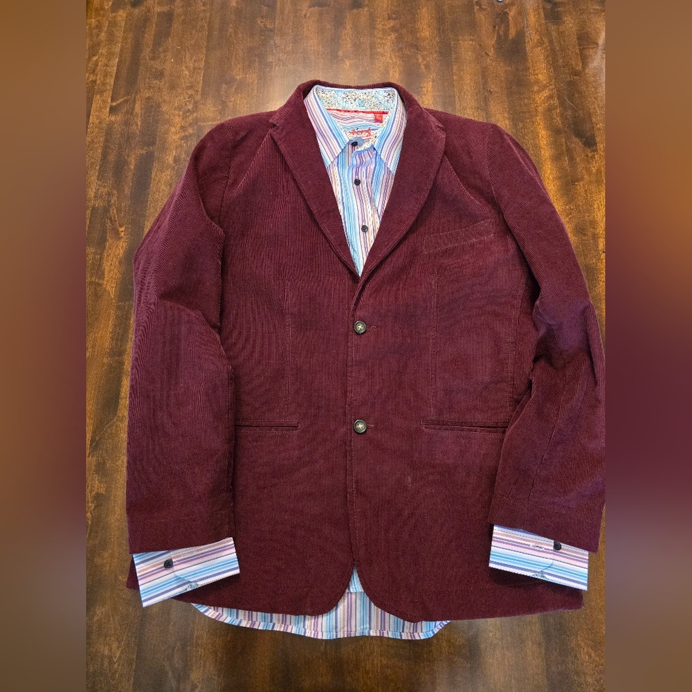 Lrg Izod Plum Colored Corduroy Blazer With   Coordinated Striped Dress Shirt.